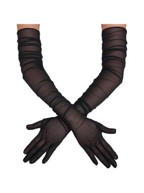 Women's Black Tulle Mesh Satin Long Sheer Gloves Wedding Opera Party Prom